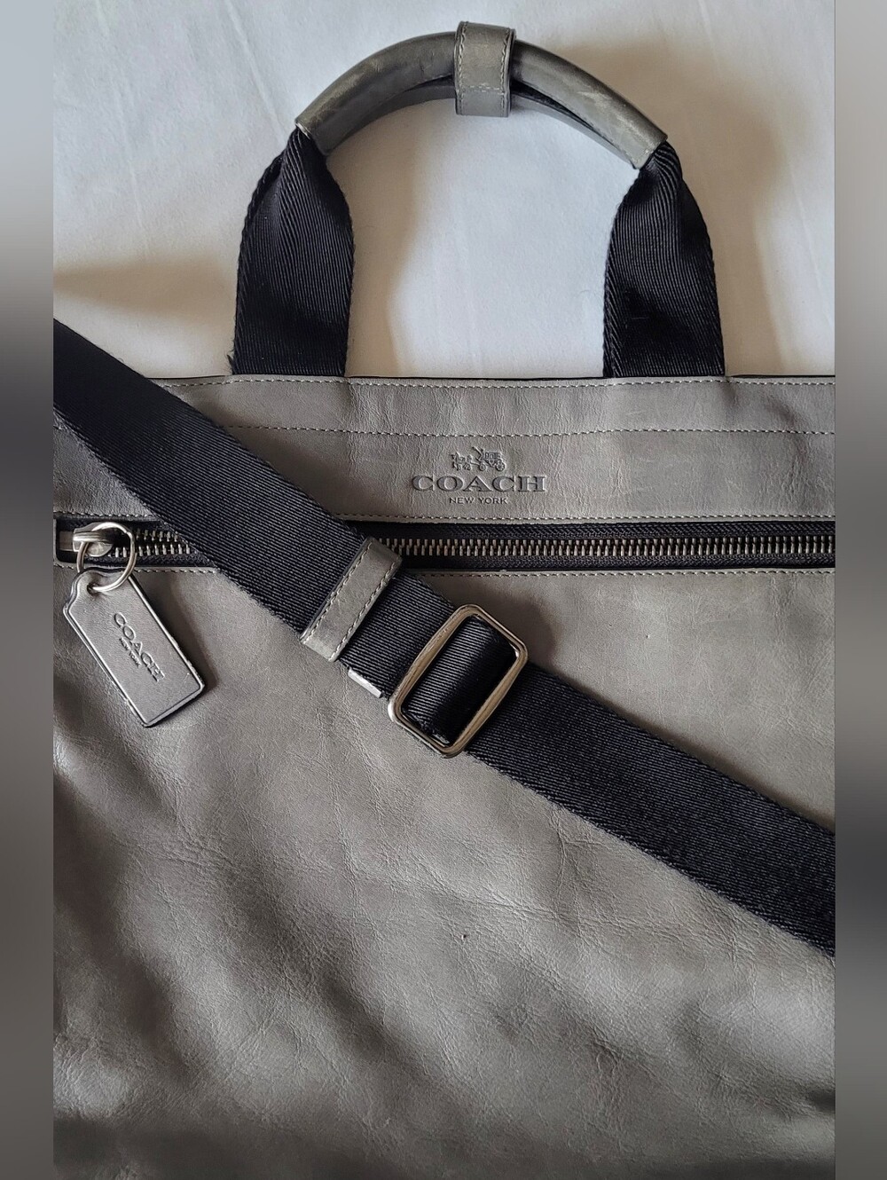 COACH Gray Leather Laptop Messenger Bag. Large Vintage.